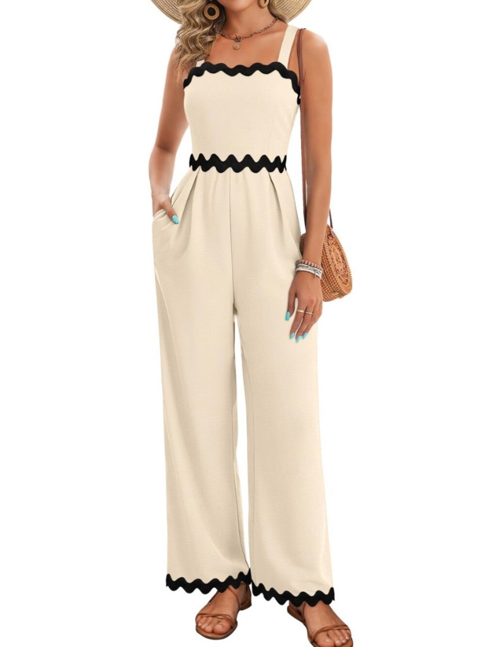 Womens Summer Jumpsuits Dressy Rickrack Trim Square Neck Casual One Piece